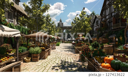 A bustling marketplace in a medieval town. Vendors sell their wares from stalls lining the cobblestone street, while people stroll through, enjoying the sunny weather. 127413622