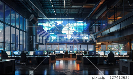 A large control room with rows of workstations overlooks a cityscape at night. A large screen displays a world map with digital overlays. 127413623