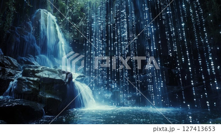 A waterfall cascades down rocks in a lush, dark forest. Behind the waterfall, digital rain falls from the sky, creating a surreal and ethereal scene. 127413653