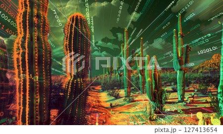 A group of Saguaro cacti stand in a desert landscape, with a vibrant digital overlay of green and orange lines and numbers. 127413654