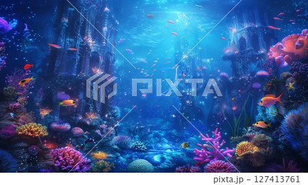 A vibrant underwater cityscape with colorful fish swimming past ancient coral structures and sparkling lights. 127413761