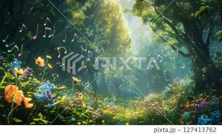 A lush, green forest path illuminated by sunlight, with colorful flowers blooming along the sides and music notes floating in the air. 127413762