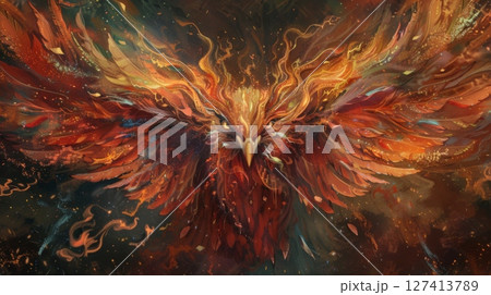 A phoenix bird in flight, surrounded by swirling flames and a starry background. A phoenix bird in flight, surrounded by swirling flames and a starry background. 127413789