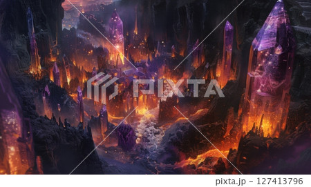 A fiery river flows through a city built from towering crystal spires. The landscape is a mix of volcanic rock and glowing lava. A fiery river flows through a city built from towering crystal spires. The landscape is a mix of volcanic rock and glowing lava. 127413796