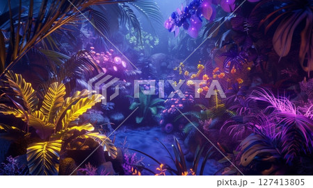 A surreal tropical forest with glowing flowers in various colors, casting a vibrant, otherworldly light on the lush foliage and illuminated path. 127413805