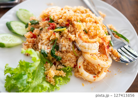 Delicious shrimp fried rice recipe kitchen food home close-up culinary delight 127413856