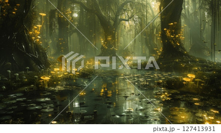 A mystical forest with glowing mushrooms illuminates a still pond surrounded by ancient trees. 127413931