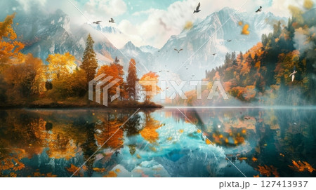 Autumn foliage and trees line the shore of a mountain lake, with snow-capped peaks rising in the background. The water is calm and reflects the beauty of the surrounding landscape. 127413937