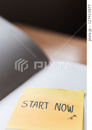 Motivational action to start now home office inspirational image indoor close-up productivity boost 127413977