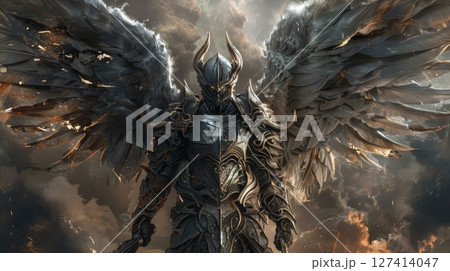 A warrior clad in dark armor and a horned helmet stands amidst a stormy sky, their large feathered wings spread wide. 127414047