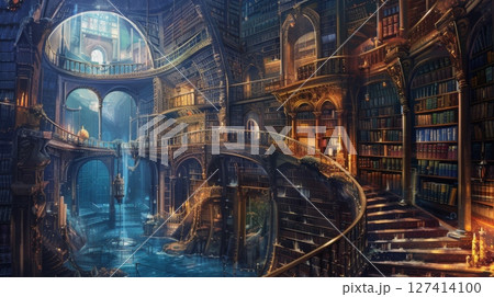 A grand, ornate library with towering...のイラスト素材 [127414100] - PIXTA