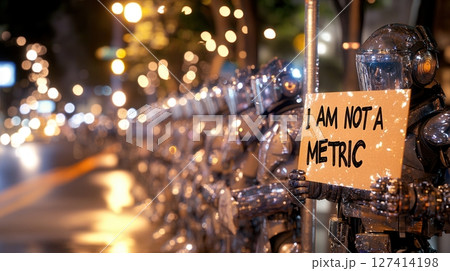 Protester confronts humanoid robots with I am not a metric sign amidst urban flash-lit night scene. Robotics and automation 127414198