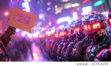 Protester holding sign I am not a metric faces humanoid robots in intense night urban setting. Robotics and automation 127414205