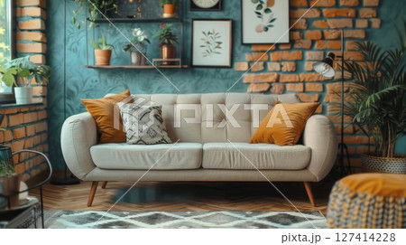 A white couch with orange and patterned throw pillows is positioned in front of a teal brick wall. The living room is decorated with houseplants and framed artwork. 127414228
