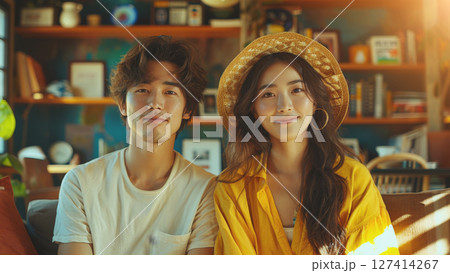 A young couple sits in a home, smiling at the camera. 127414267