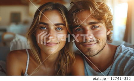 A couple smiles while looking directly at the camera. 127414336