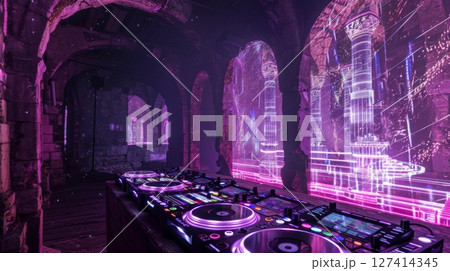 A DJ mixer sits in front of a large window,...のイラスト素材 [127414345] - PIXTA