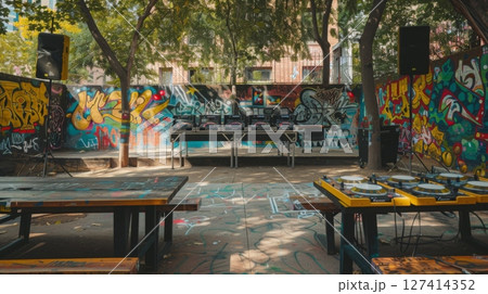 A stage set up in an outdoor courtyard, featuring sound equipment, turntables, and a graffiti wall. 127414352