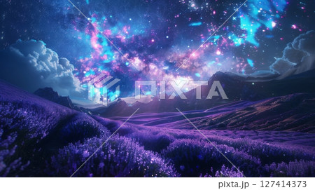 A starry night sky over rolling hills and...のイラスト素材 [127414373] - PIXTA