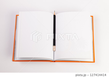 Creative writing journey blank notebook minimalist top-down view inspiration 127414414