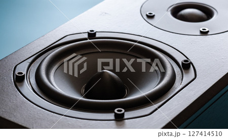 Sound system components speaker design home audio product studio setting close-up view 127414510