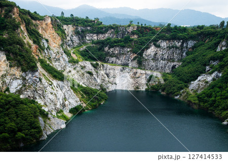 Stunning view of a serene lake amidst rocky mountains nature tranquil environment aerial perspective Stunning view of a serene lake amidst rocky mountains nature tranquil environment aerial perspective 127414533