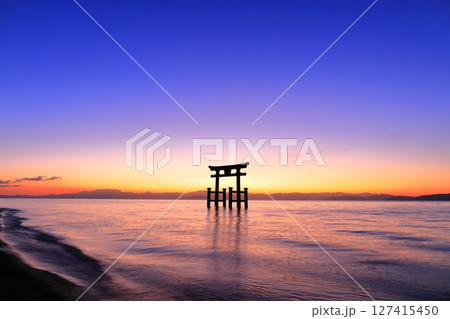 【滋賀県】白鬚神社の湖中大鳥居の夜明け(琵琶湖) 【滋賀県】白鬚神社の湖中大鳥居の夜明け(琵琶湖) 127415450