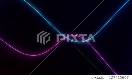 Smooth neon wave lines in blue and pink colors on dark background. Abstract glowing curves for futuristic tech visuals, digital art or modern UI design. Clean and stylish backdrop. 127415607