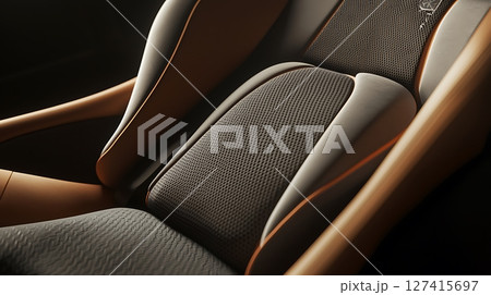 A close up of a leather and fabric chair 127415697