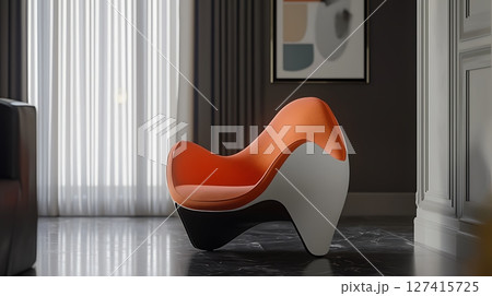 A modern orange and white chair sits in a room with a white curtain 127415725