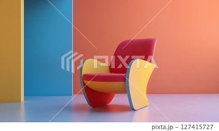 A colorful chair sits in front of a wall with a blue and yellow stripe 127415727