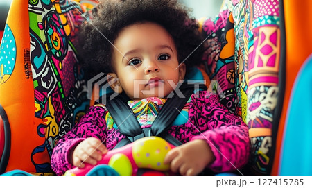 A young child is sitting in a car seat with a colorful pattern A young child is sitting in a car seat with a colorful pattern 127415785
