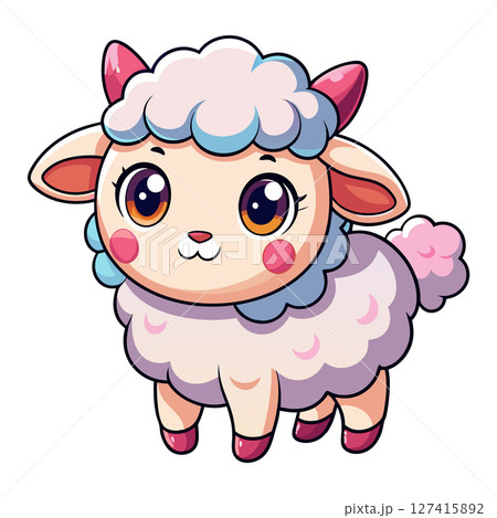 Cute cartoon lamb with big eyes and colorful wool in kawaii chibi art 127415892