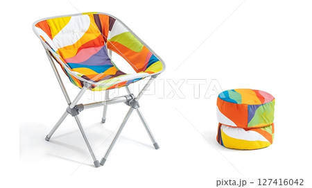 A colorful chair and ottoman are displayed on a white background 127416042
