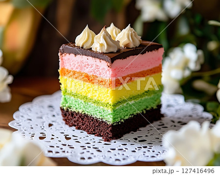 Rainbow Layer Cake Slice with Chocolate Topping and Cream 127416496