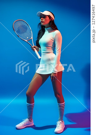 Stylish Female Tennis Player in Bold White Outfit 127416497