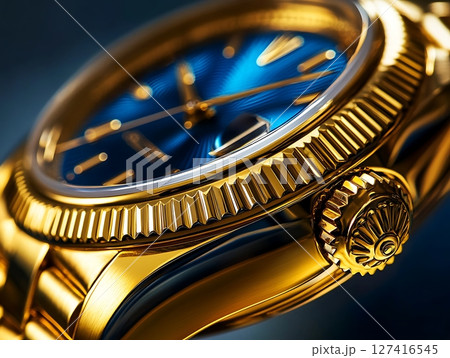 Close-Up of Luxury Gold and Blue Timepiece 127416545