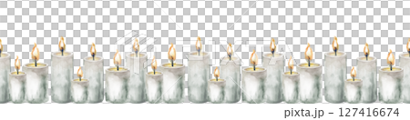 A hand-drawn watercolor border with gray candles. Seamless frame with burning candles isolated on a white background. A watercolor template for your design, labels, packaging and printing. Halloween. 127416674
