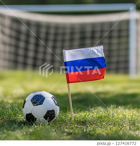 Russian Flag and Soccer Ball Near Green Football Goalpost 127416772
