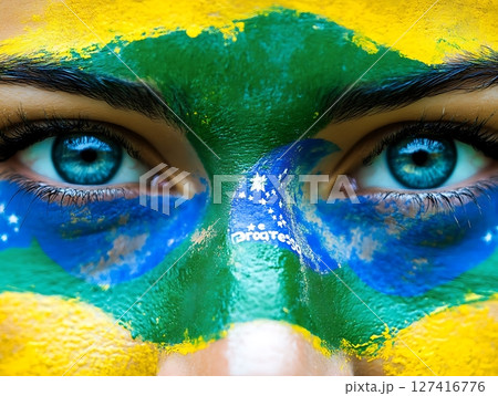 Brazilian Flag Face Paint Close-Up with Captivating Blue Eyes 127416776