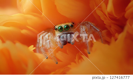 Macro Shot of Jumping Spider Hiding Among Orange Petals 127416777