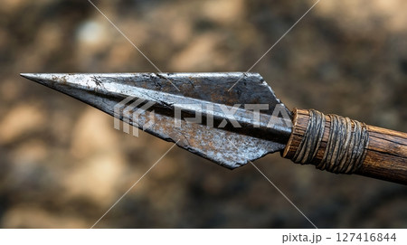 Ancient Spear Tip with a Sharp and Worn Metal Blade 127416844
