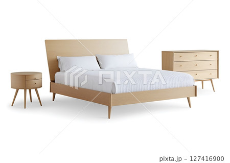 A bed, nightstand and dresser are shown in a white background 127416900