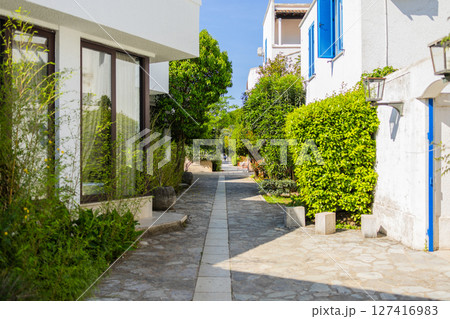 Narrow stone pathway between white buildings with lush greenery and blue shutters. Mediterranean village vibe, summer tranquility, and relaxed architectural style. 127416983