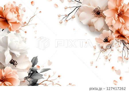 Elegant floral illustration featuring large peonies and delicate blossoms in shades of peach and white, with gray leaves. Ideal for wedding invitations, backgrounds, or romantic decor projects. 127417262