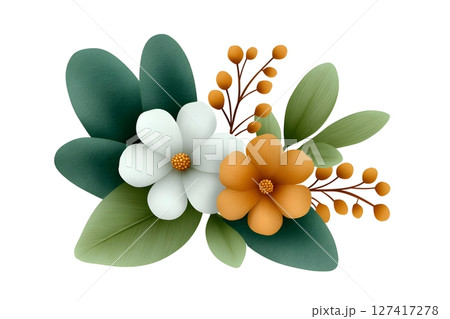 Stylish floral illustration featuring white and orange flowers with lush green leaves and orange berries. Ideal for decorative designs, invitations, and nature-inspired projects. 127417278