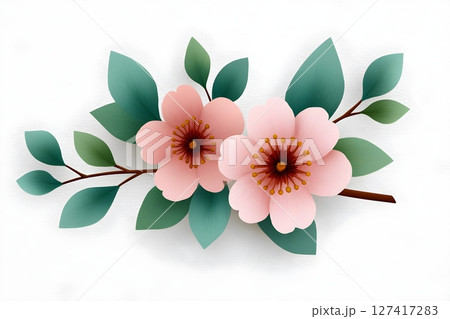 A delicate illustration of pink cherry blossoms with green leaves on a white background. Perfect for spring-themed designs, invitations, and floral decorations. 127417283
