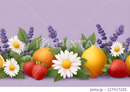 Vibrant illustration featuring strawberries, lemons, oranges, daisies, and lavender against a purple background. An ideal choice for refreshing summer designs and nature-themed art. 127417285