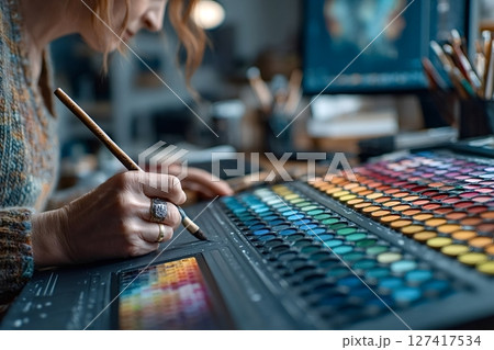 Female artist painting with watercolors on digital tablet in art studio 127417534