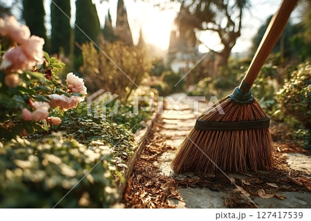 Gardener sweeping dry leaves in a formal garden at sunset Gardener sweeping dry leaves in a formal garden at sunset 127417539